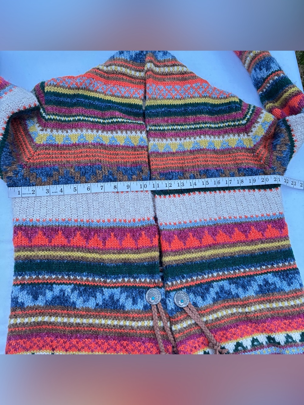 Fair Isle Womens Chunky Cardigan Sweater M Boho Indie Southwestern Concho Tassel - Picture 14 of 16